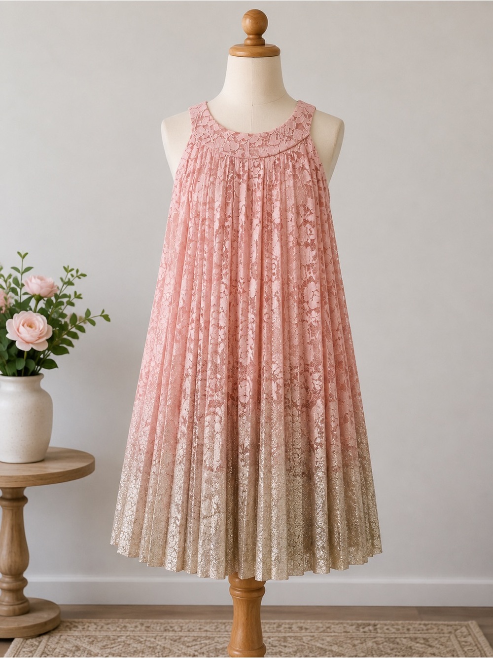 Girls Rare Editions Pink Lace Dress with Gold Ombre Pleated Skirt